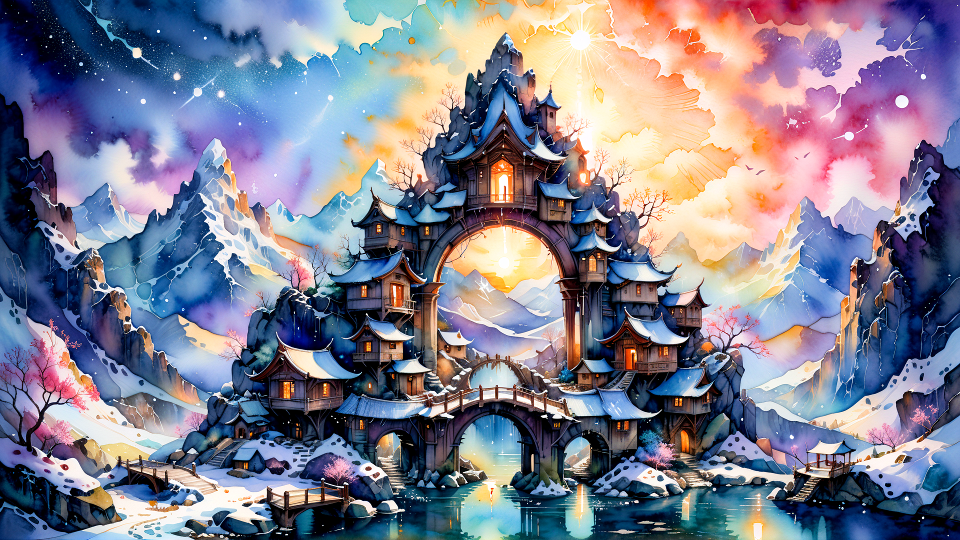 AI generated wallpaper featuring castle, mountain, bridge, tree, house, water, sky, moon, star, snow