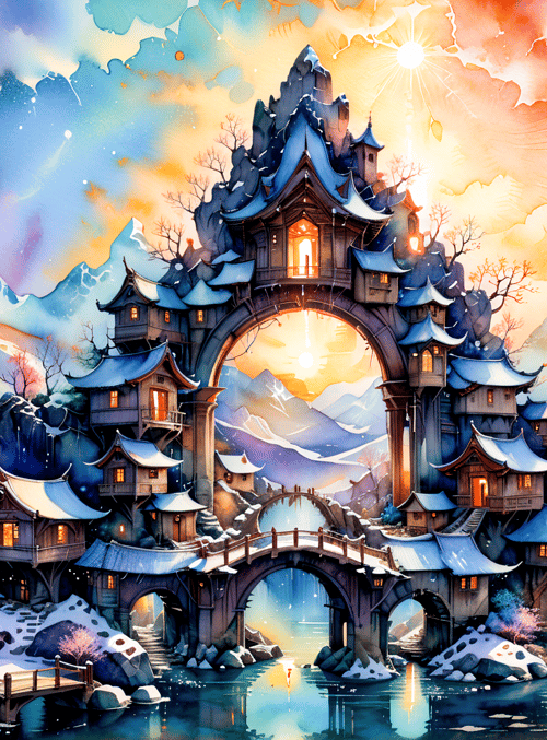 castle, mountain, bridge, tree, house, water, sky, moon, star, snow