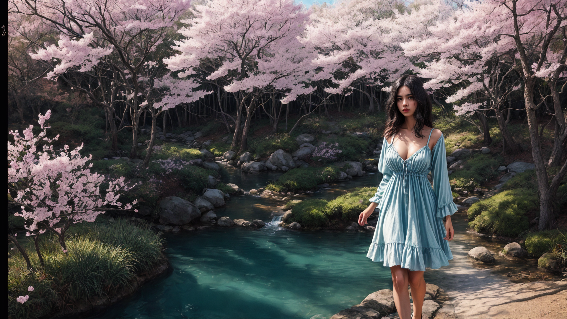 AI generated wallpaper featuring woman, cherry blossoms, river
