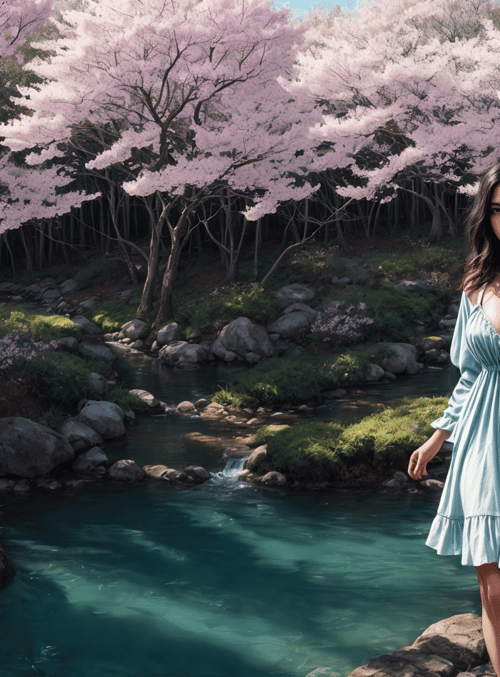 woman, cherry blossoms, river