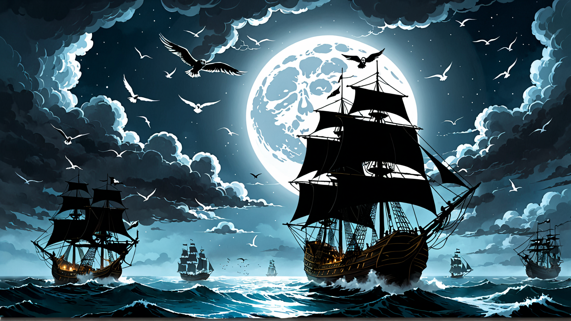 AI generated wallpaper featuring ships, moon, seagulls