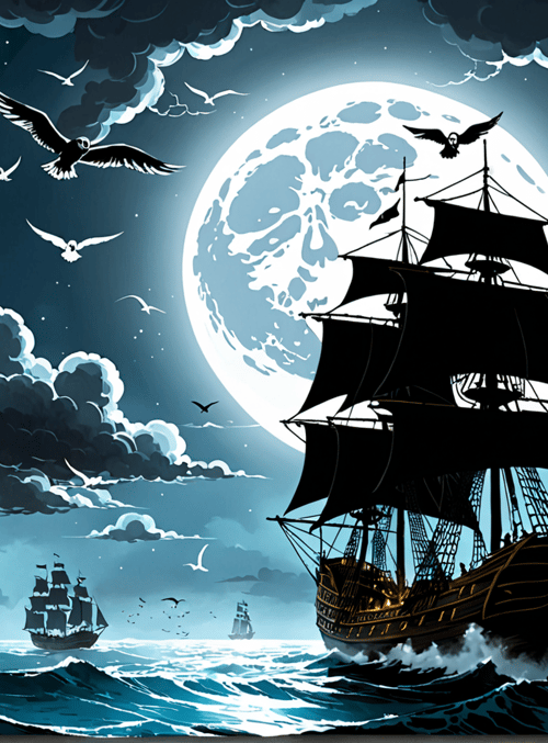 ships, moon, seagulls