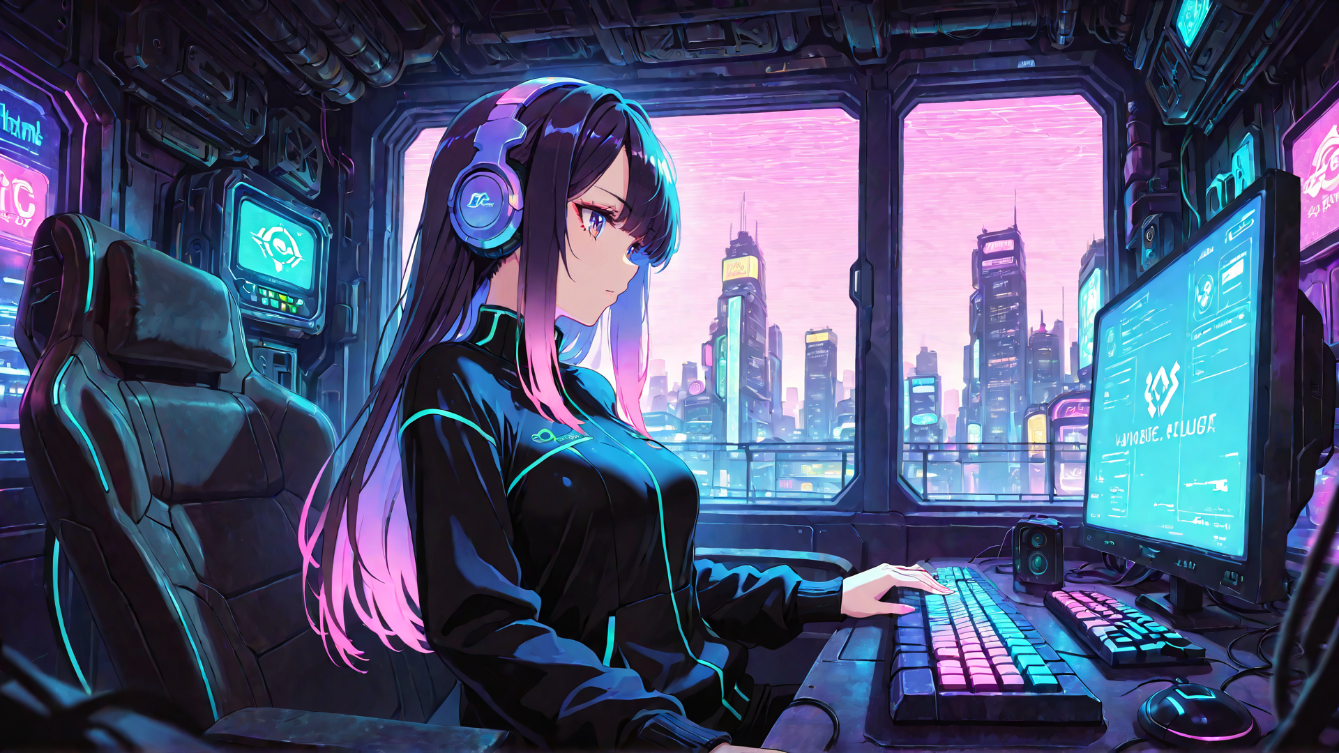 AI generated wallpaper featuring anime girl, cyberpunk, computer