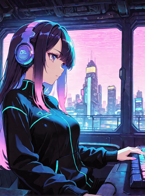 anime girl, cyberpunk, computer