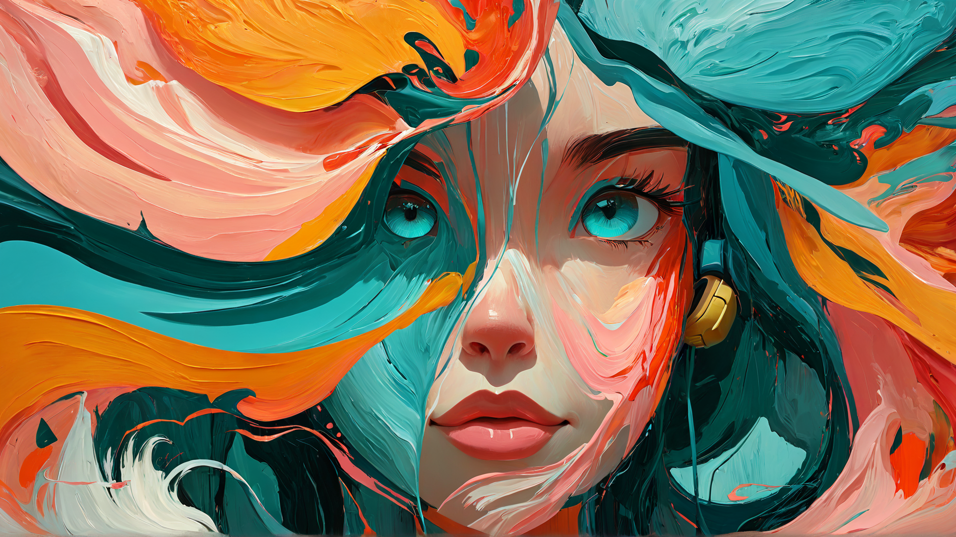 AI generated wallpaper featuring face, headphones, hair, art