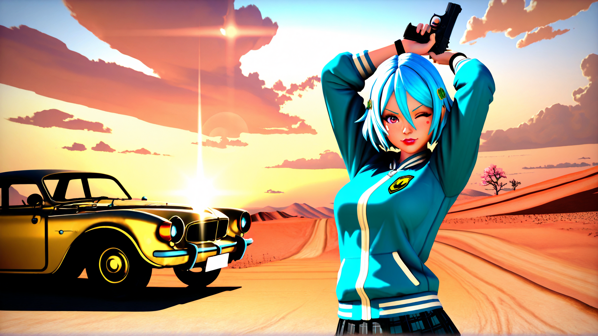 AI generated wallpaper featuring girl, gun, car, sunset, desert, jacket, tree, sky, clouds, sun