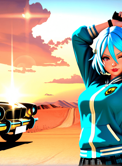 girl, gun, car, sunset, desert, jacket, tree, sky, clouds, sun