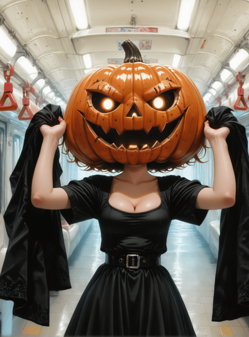 pumpkin, woman, train, cape, dress, halloween