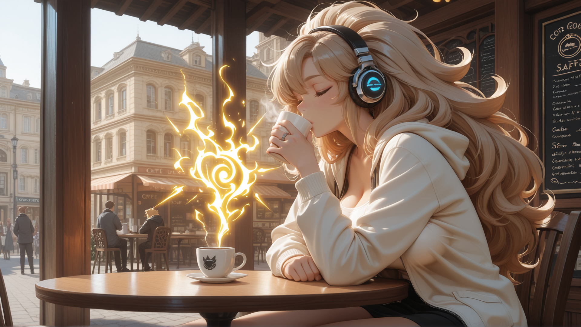 AI generated wallpaper featuring girl, coffee, headphones, cafe, cityscape
