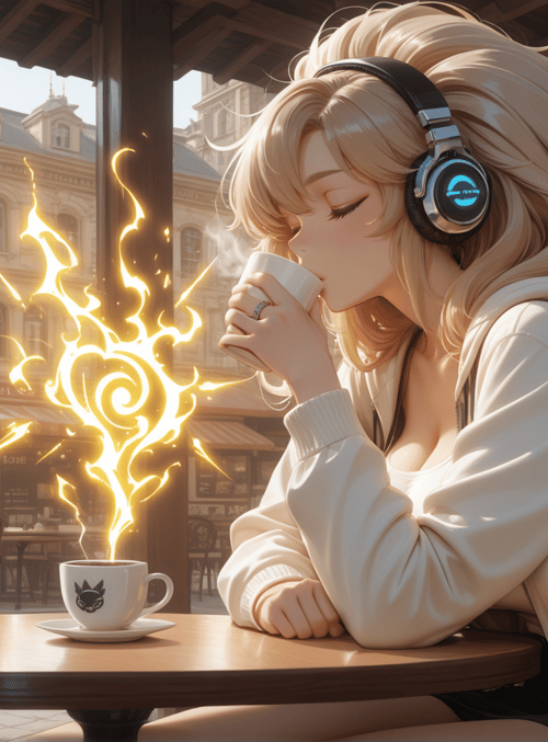 girl, coffee, headphones, cafe, cityscape