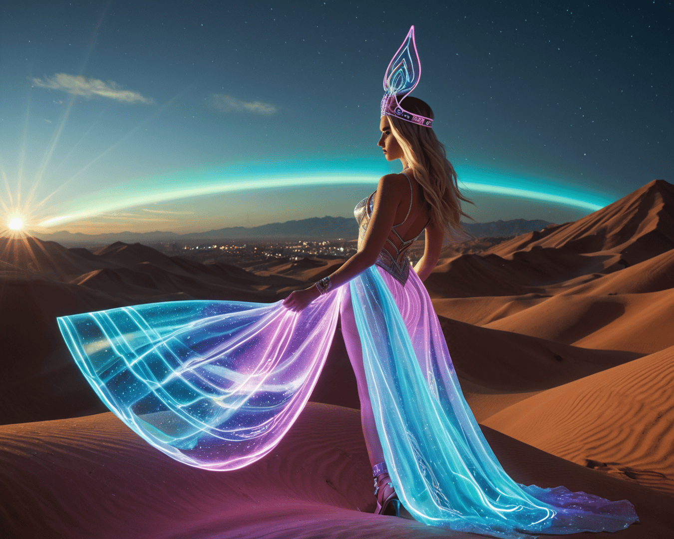 AI generated wallpaper featuring woman, dress, desert
