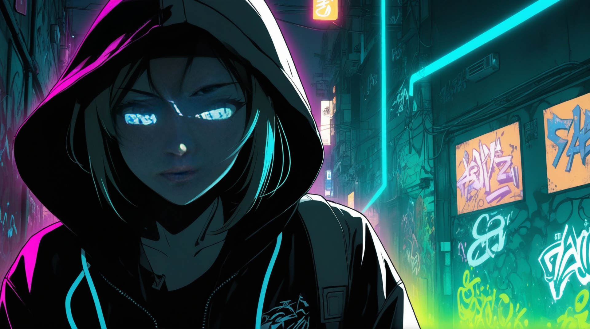AI generated wallpaper featuring woman, hoodie, neon