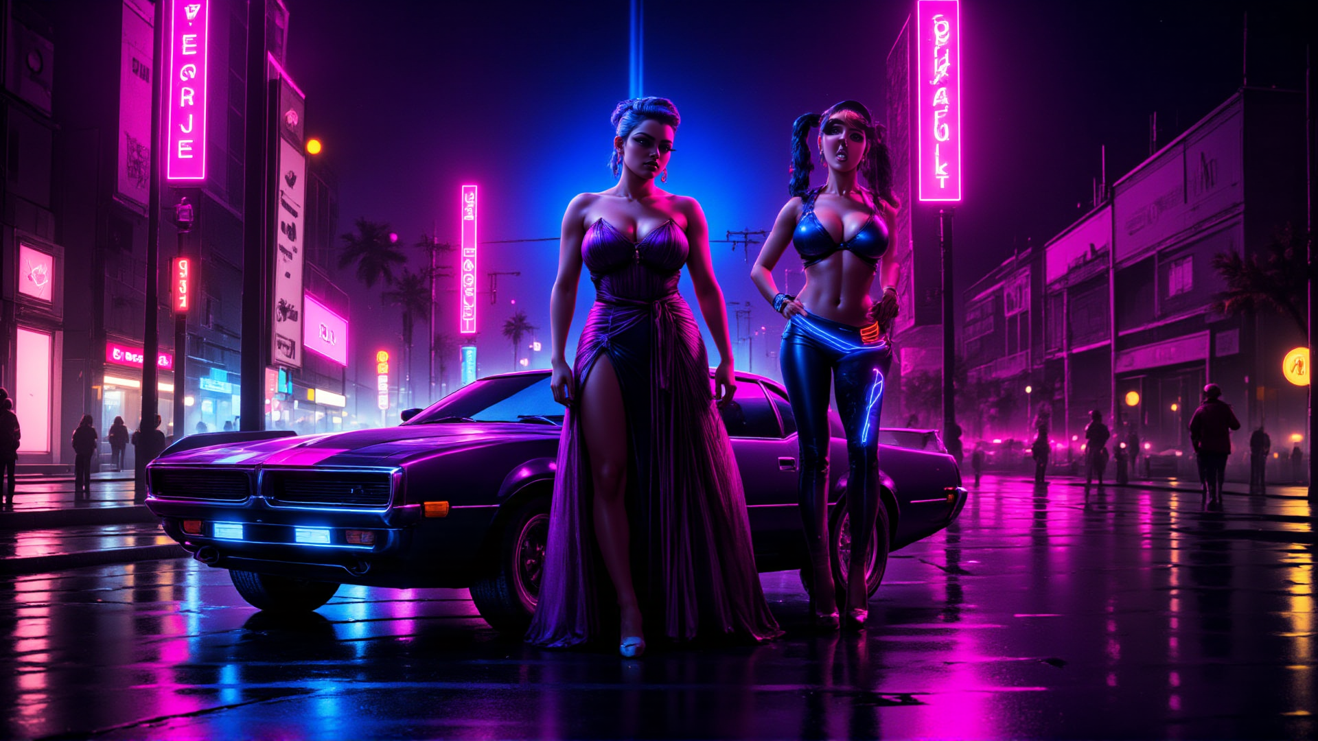 AI generated wallpaper featuring women, car, neon