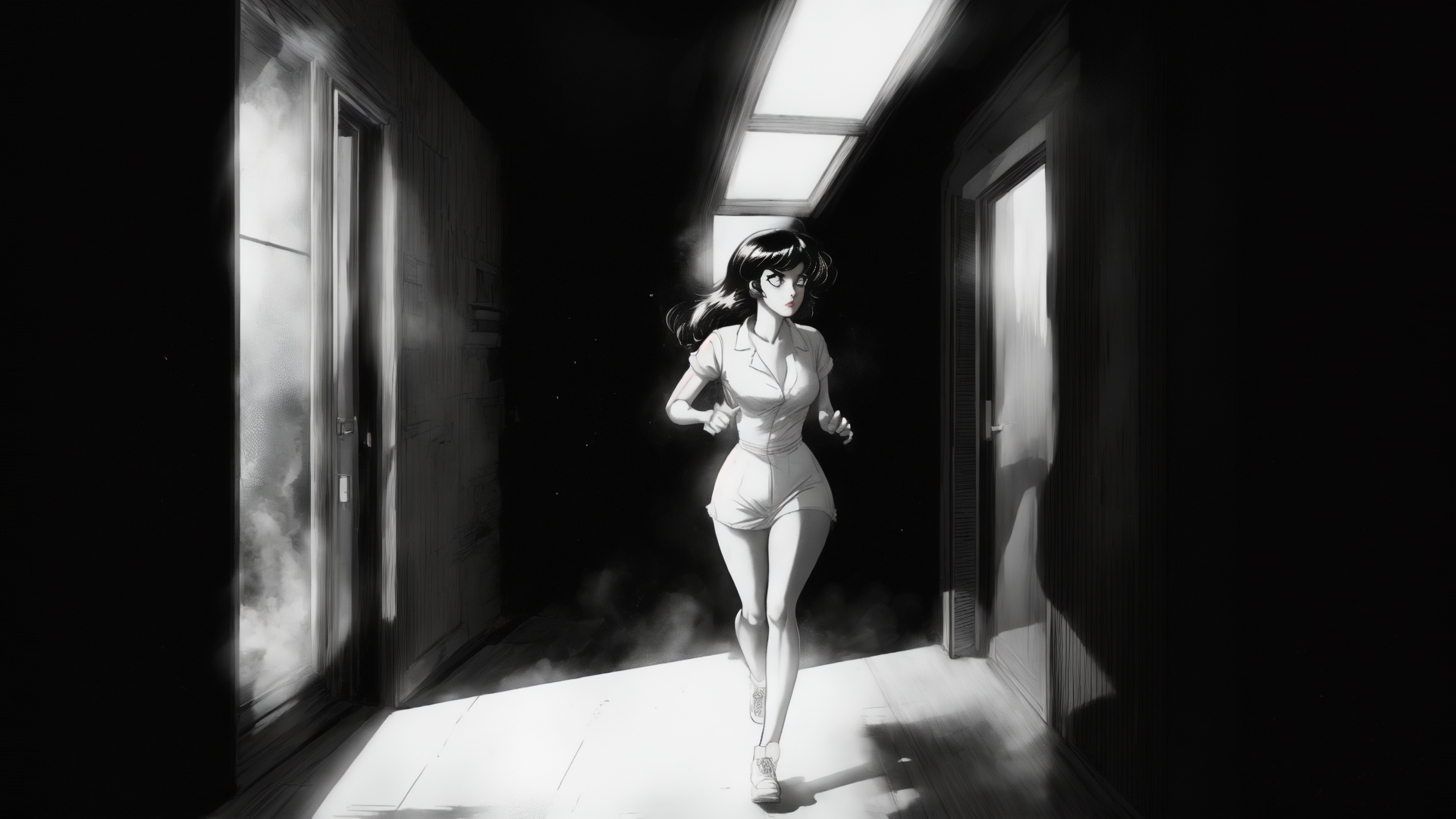 woman, run, corridor