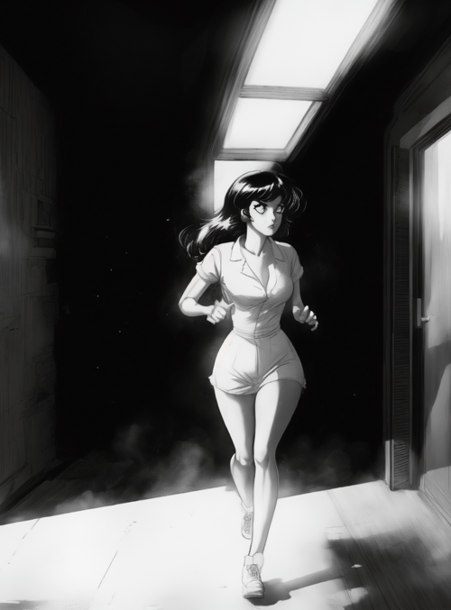 woman, run, corridor