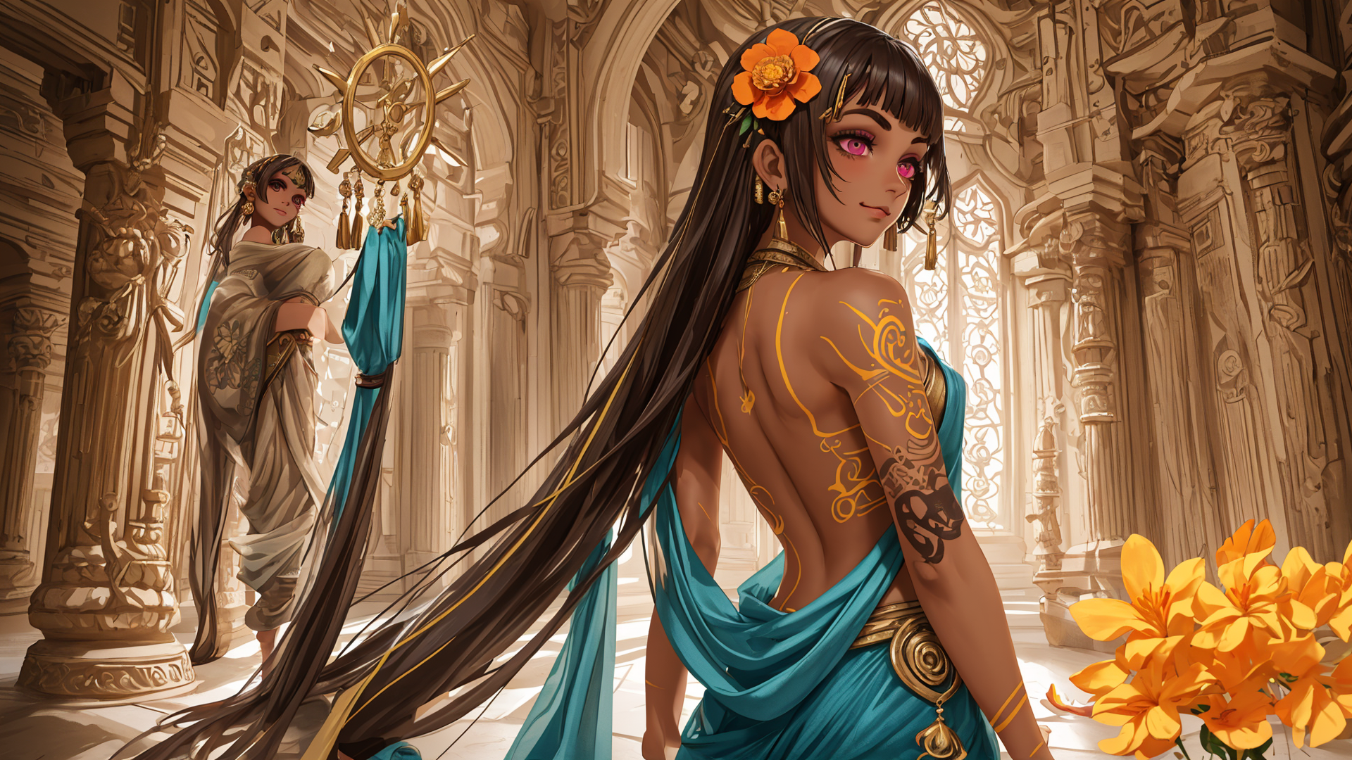 AI generated wallpaper featuring woman, goddess, sari, tattoo, flower, arch, column, ruins, ornament, mandala