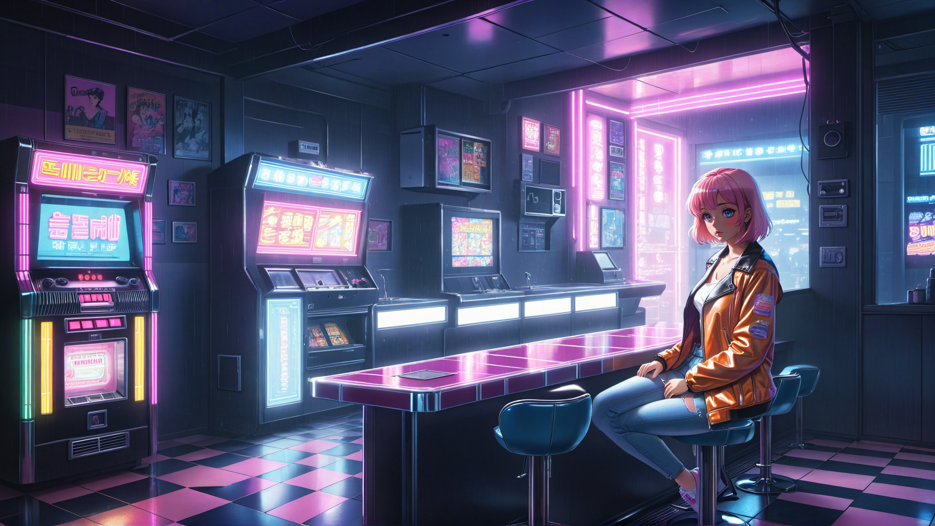 AI generated wallpaper featuring girl, arcade, game machine