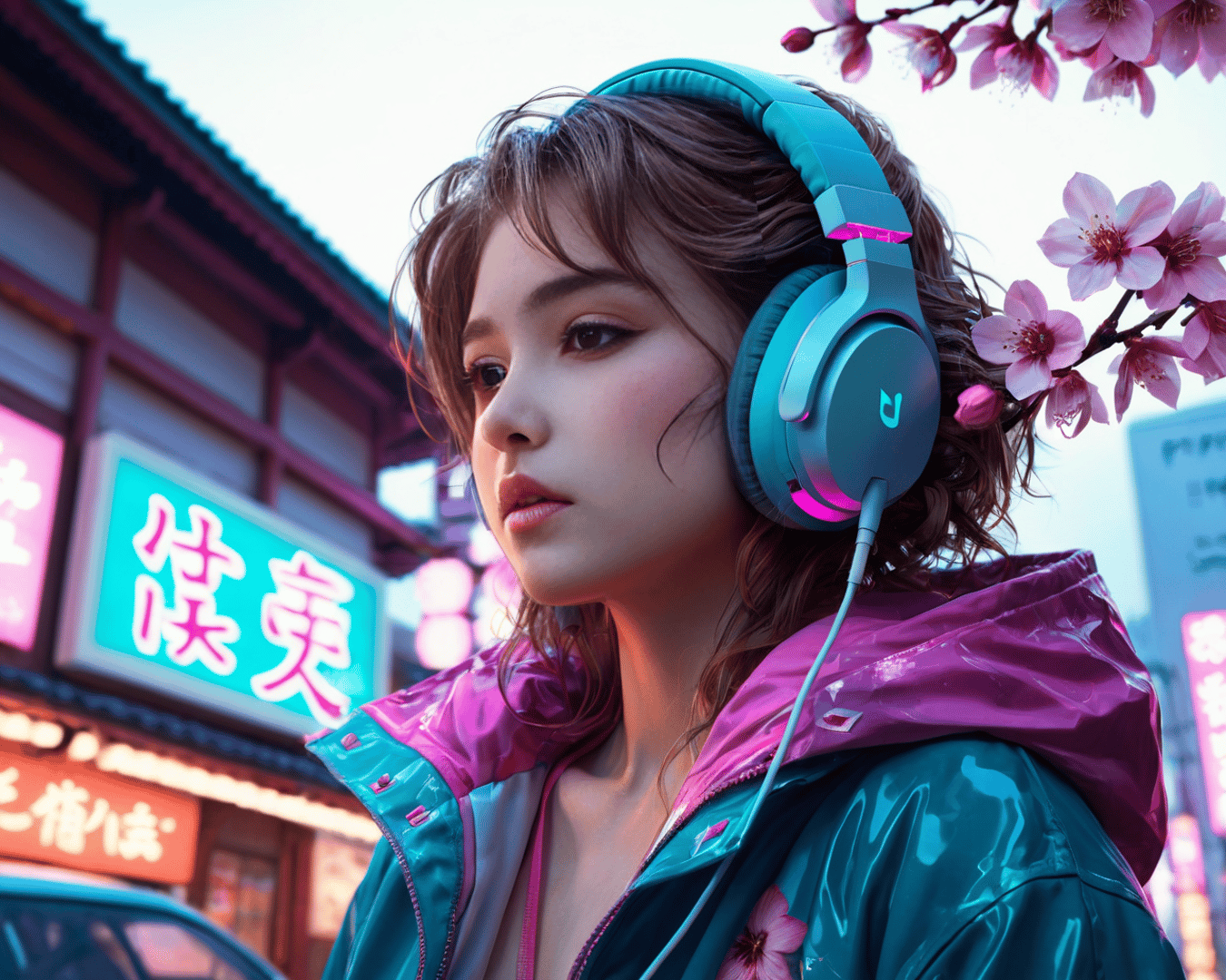 AI generated wallpaper featuring woman, headphones, cherry blossom