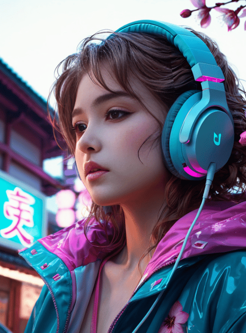 woman, headphones, cherry blossom