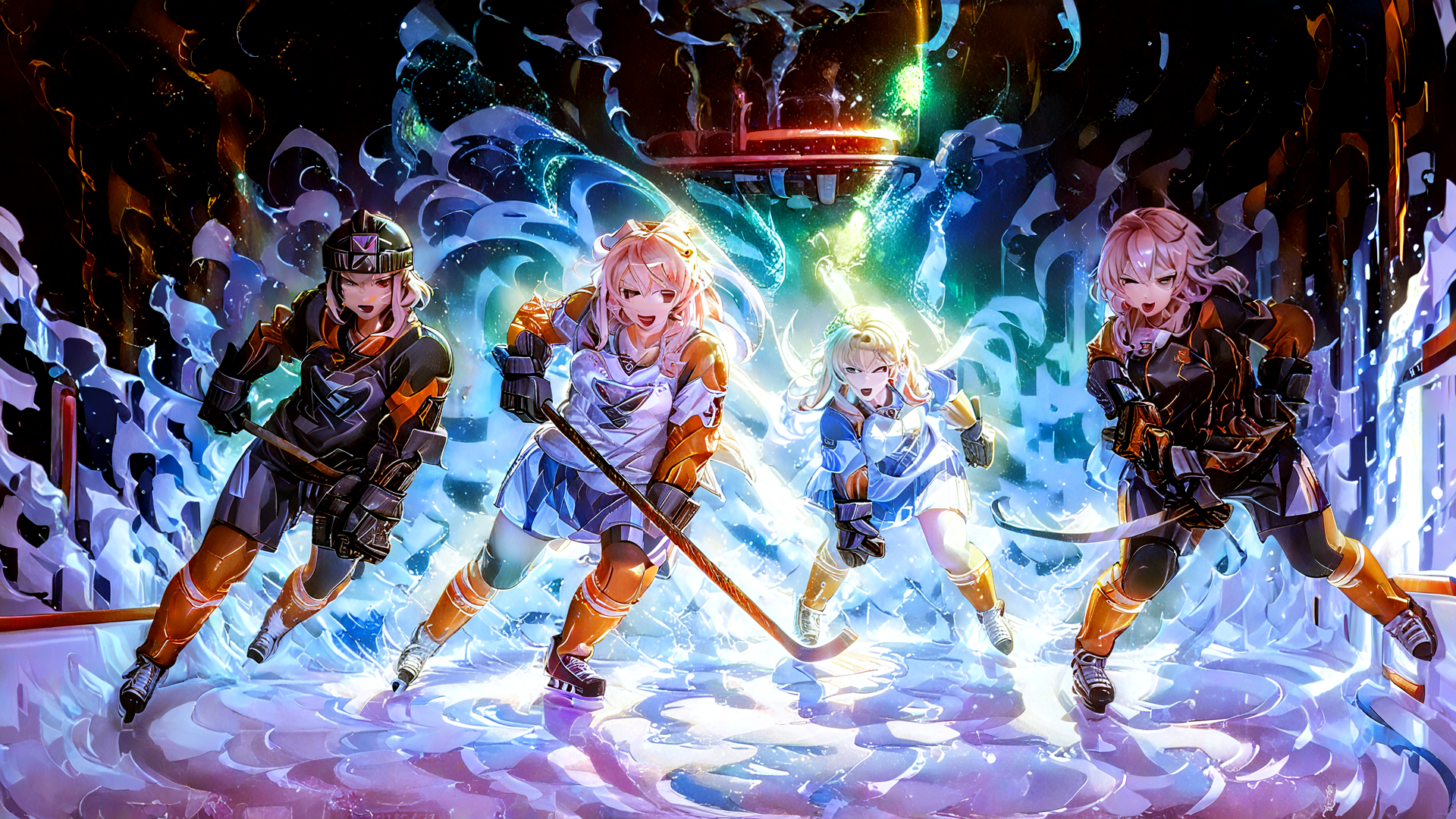 AI generated wallpaper featuring hockey players, anime characters, girls, ice rink, puck, hockey sticks, helmets, skates, uniforms, glowing effects