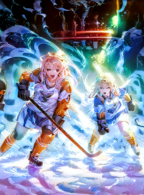 hockey players, anime characters, girls, ice rink, puck, hockey sticks, helmets, skates, uniforms, glowing effects
