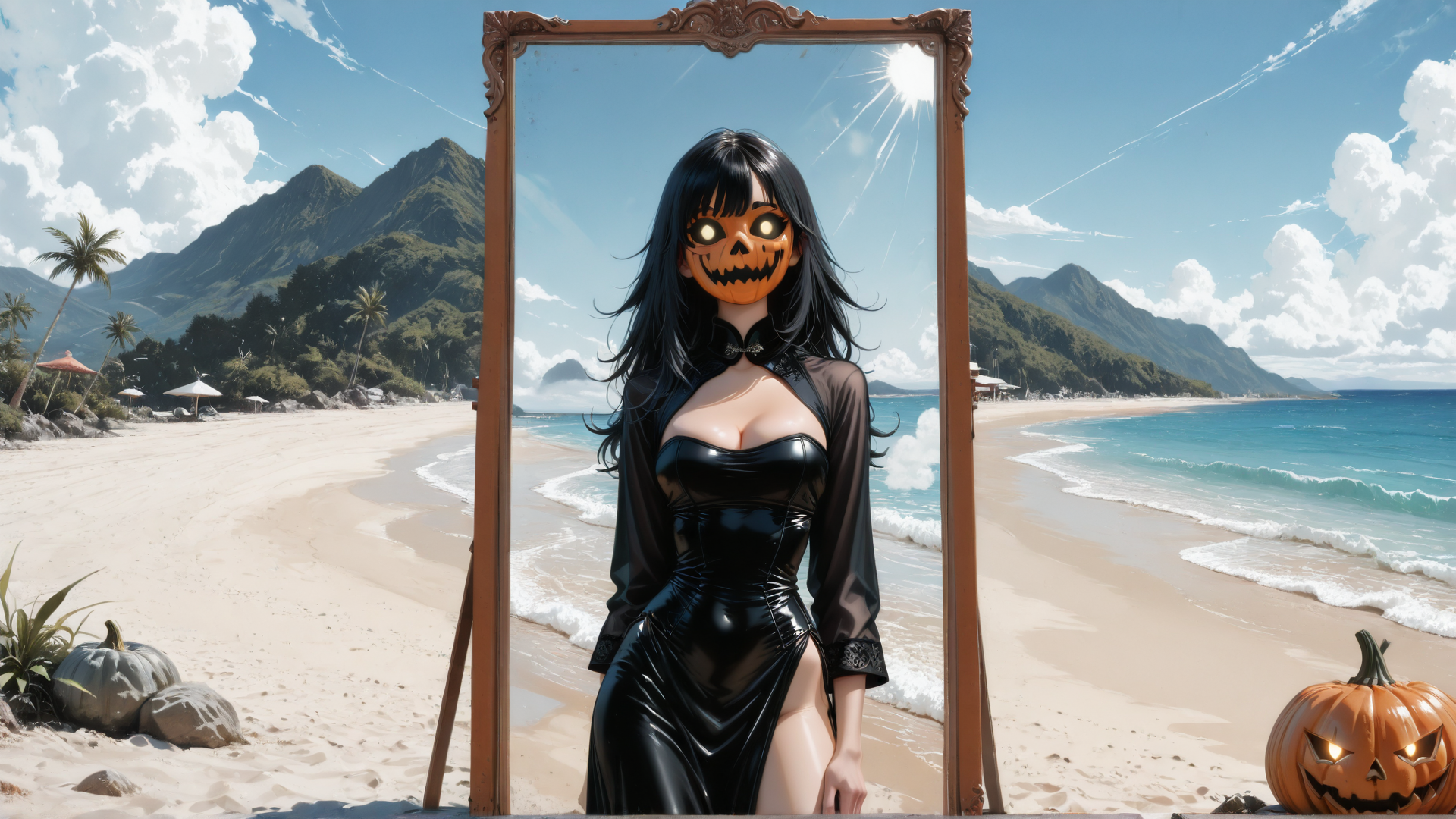 AI generated wallpaper featuring woman, pumpkin, mirror, beach, mountain, umbrella, palm tree, halloween, dress, sun