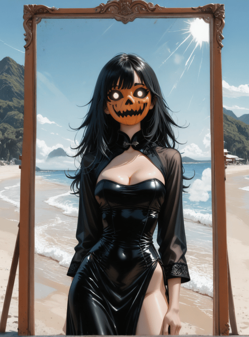 woman, pumpkin, mirror, beach, mountain, umbrella, palm tree, halloween, dress, sun