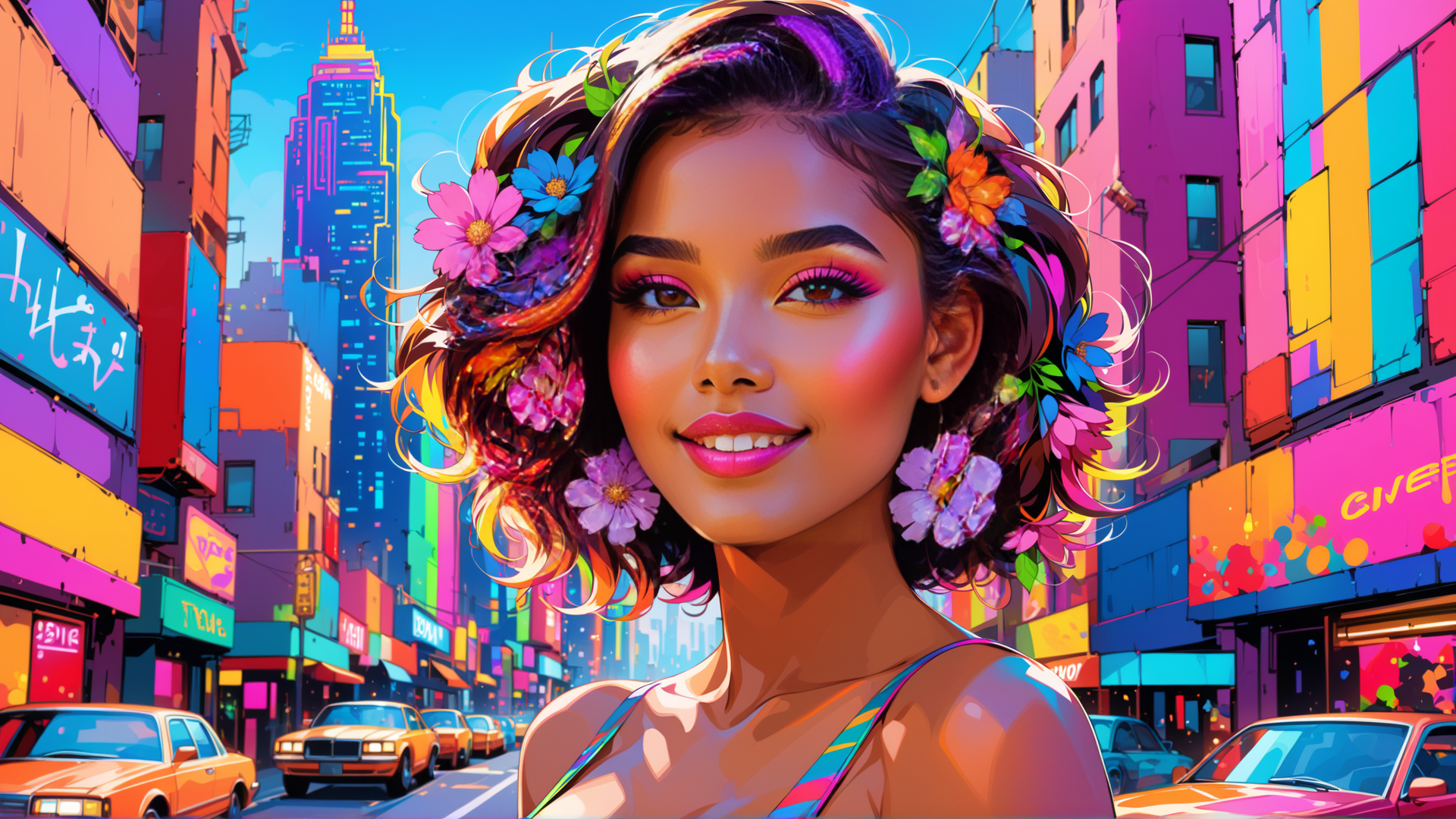 AI generated wallpaper featuring woman, flowers, city