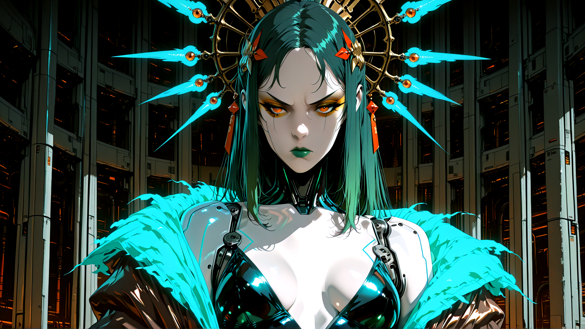 AI generated wallpaper featuring cyborg, woman, feathers, headpiece, robotic, armor, gears, neck, earrings, hair