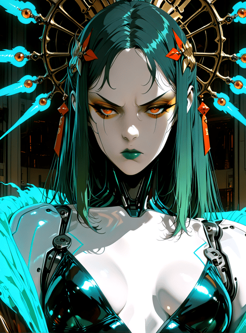 cyborg, woman, feathers, headpiece, robotic, armor, gears, neck, earrings, hair