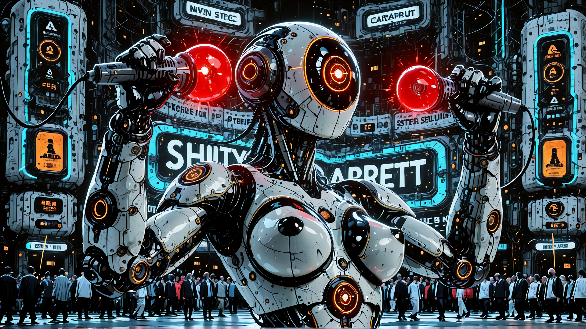 AI generated wallpaper featuring robot, microphone, cityscape, people, signs, hologram