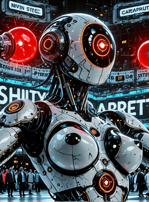 robot, microphone, cityscape, people, signs, hologram