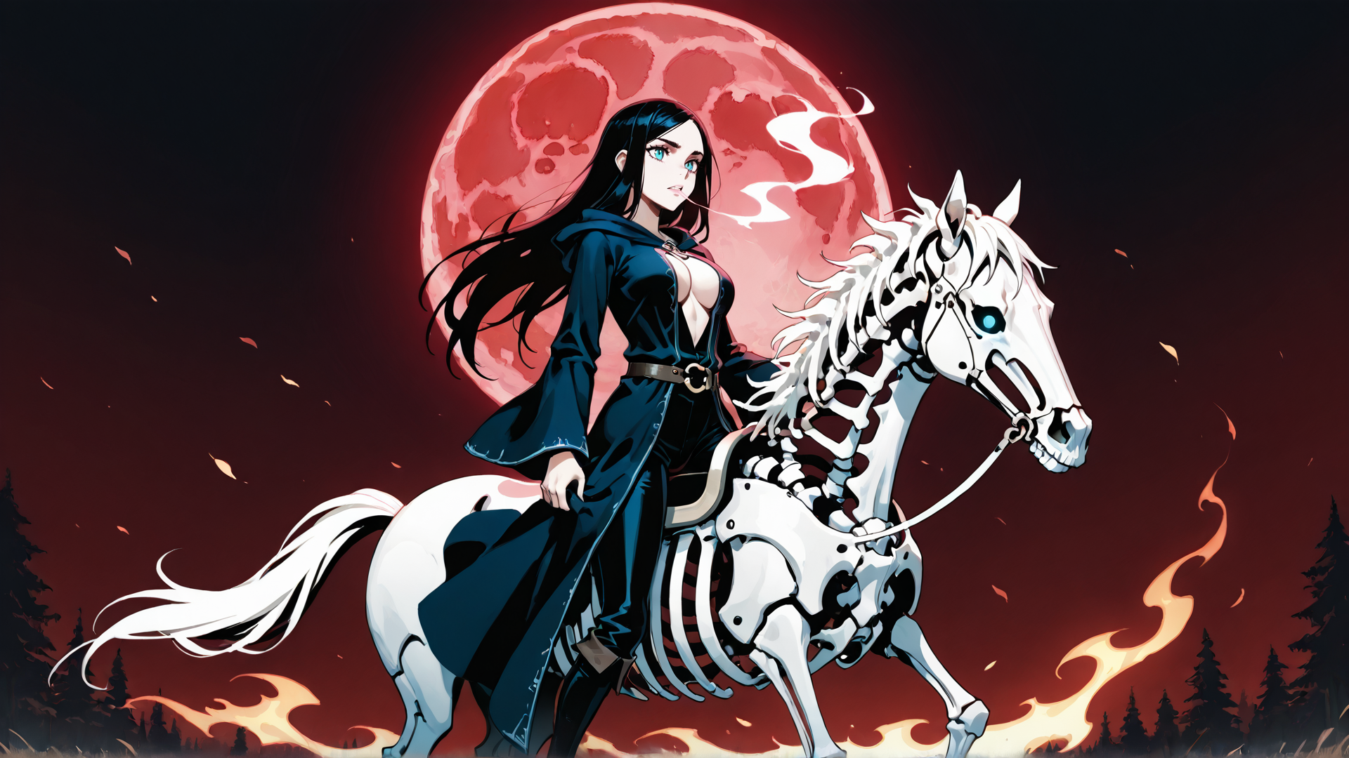 AI generated wallpaper featuring woman, skeleton horse, moon, flames