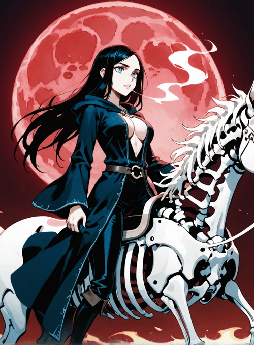 woman, skeleton horse, moon, flames