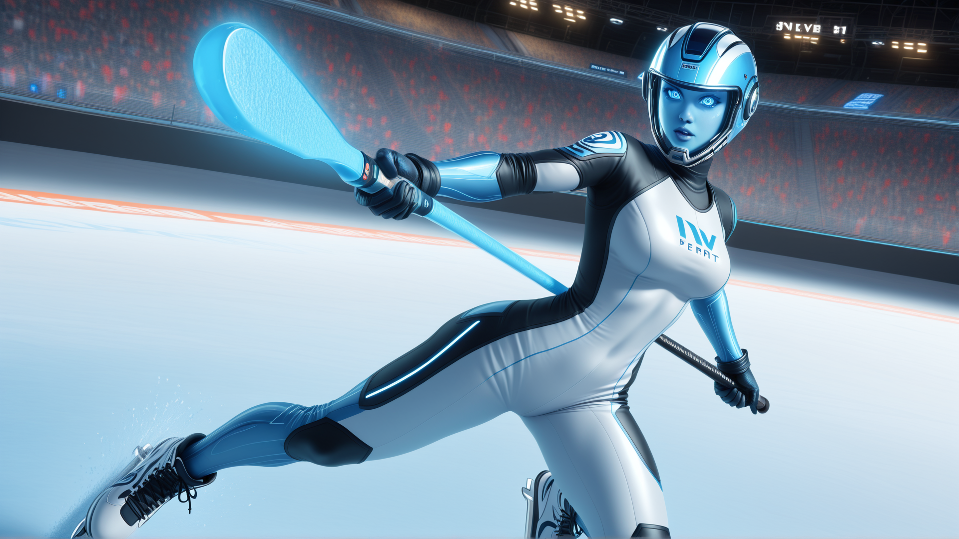 AI generated wallpaper featuring robot, hockey, athlete, ice, helmet, uniform, stick, skate, stadium, spectrum