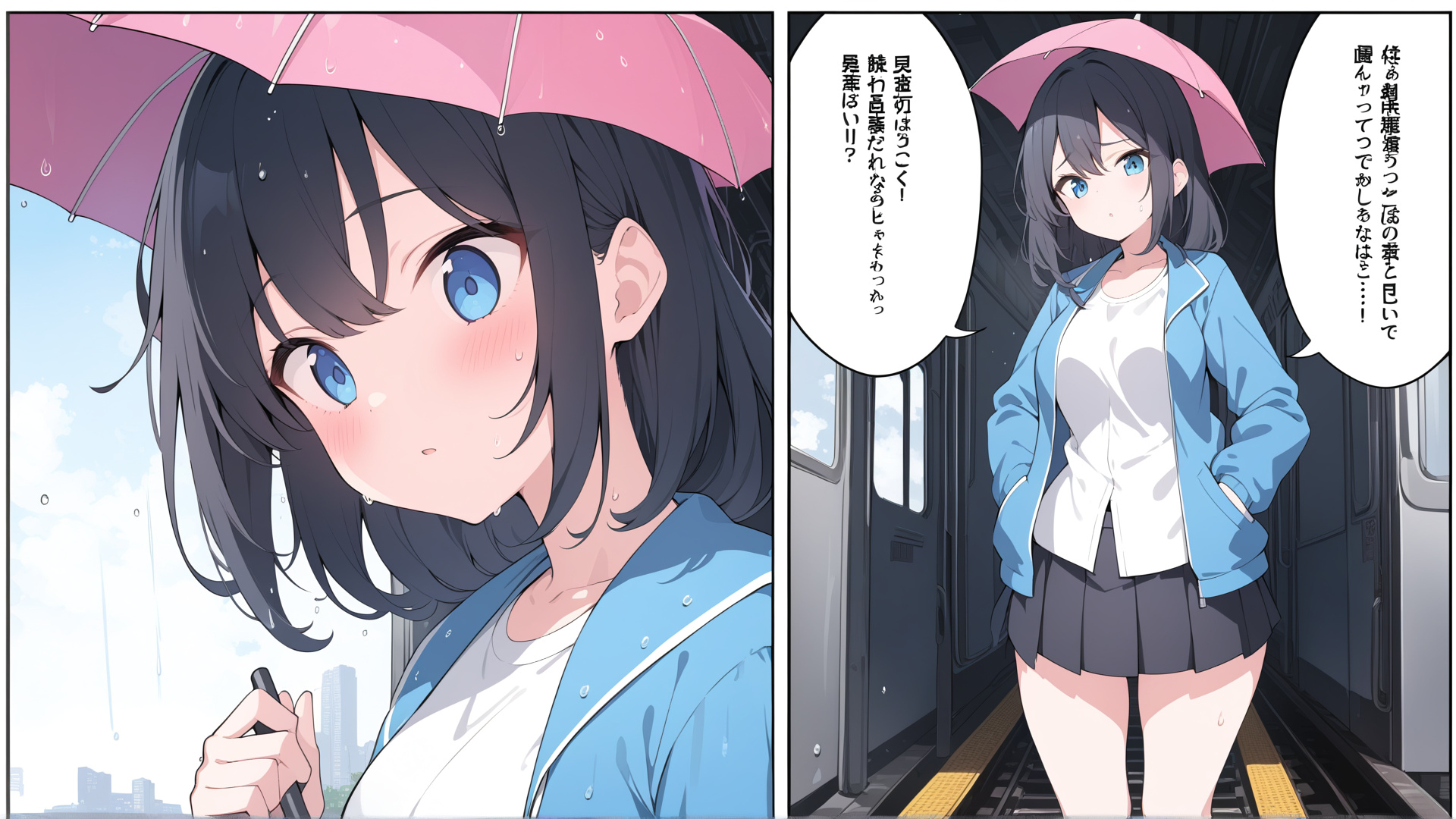 AI generated wallpaper featuring girl, umbrella, train