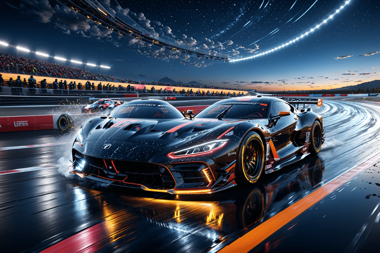AI generated wallpaper featuring race car, track, audience
