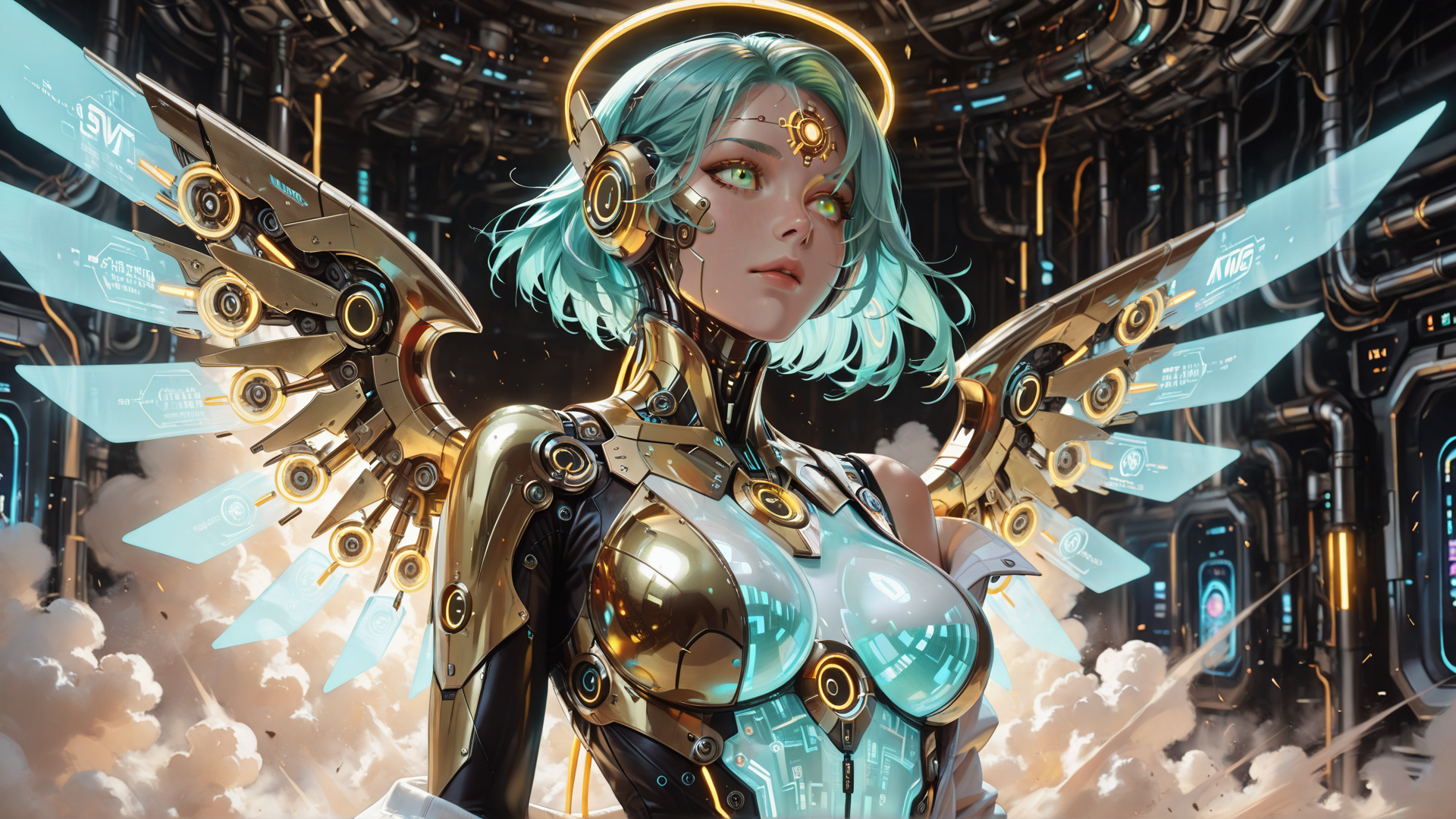 AI generated wallpaper featuring cyborg, angel, robot, mechanical wings, neon, headset, hologram, cloud, circuit