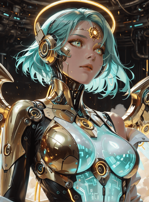 cyborg, angel, robot, mechanical wings, neon, headset, hologram, cloud, circuit