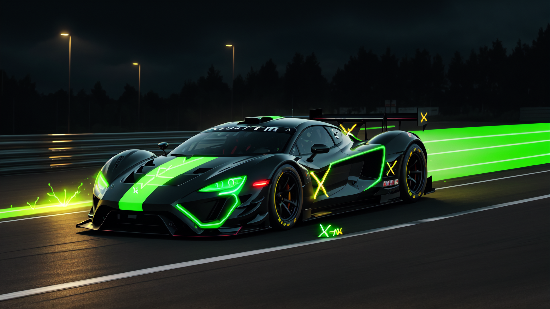 AI generated wallpaper featuring sports car, race track, neon lights, road, trees, streetlights