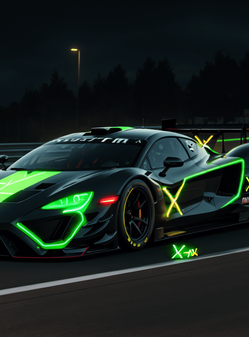 sports car, race track, neon lights, road, trees, streetlights