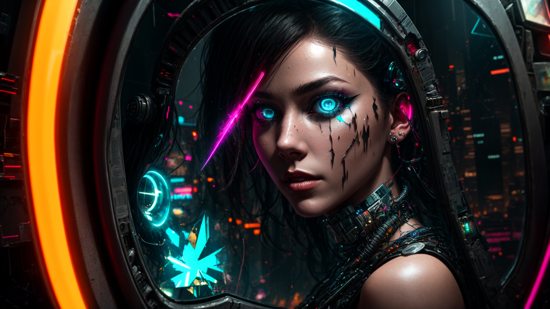 AI generated wallpaper featuring cyborg, woman, neon, mirror, cityscape, gears, lights, cyberpunk, facial, tech