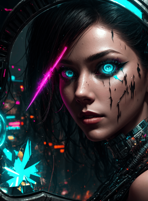 cyborg, woman, neon, mirror, cityscape, gears, lights, cyberpunk, facial, tech