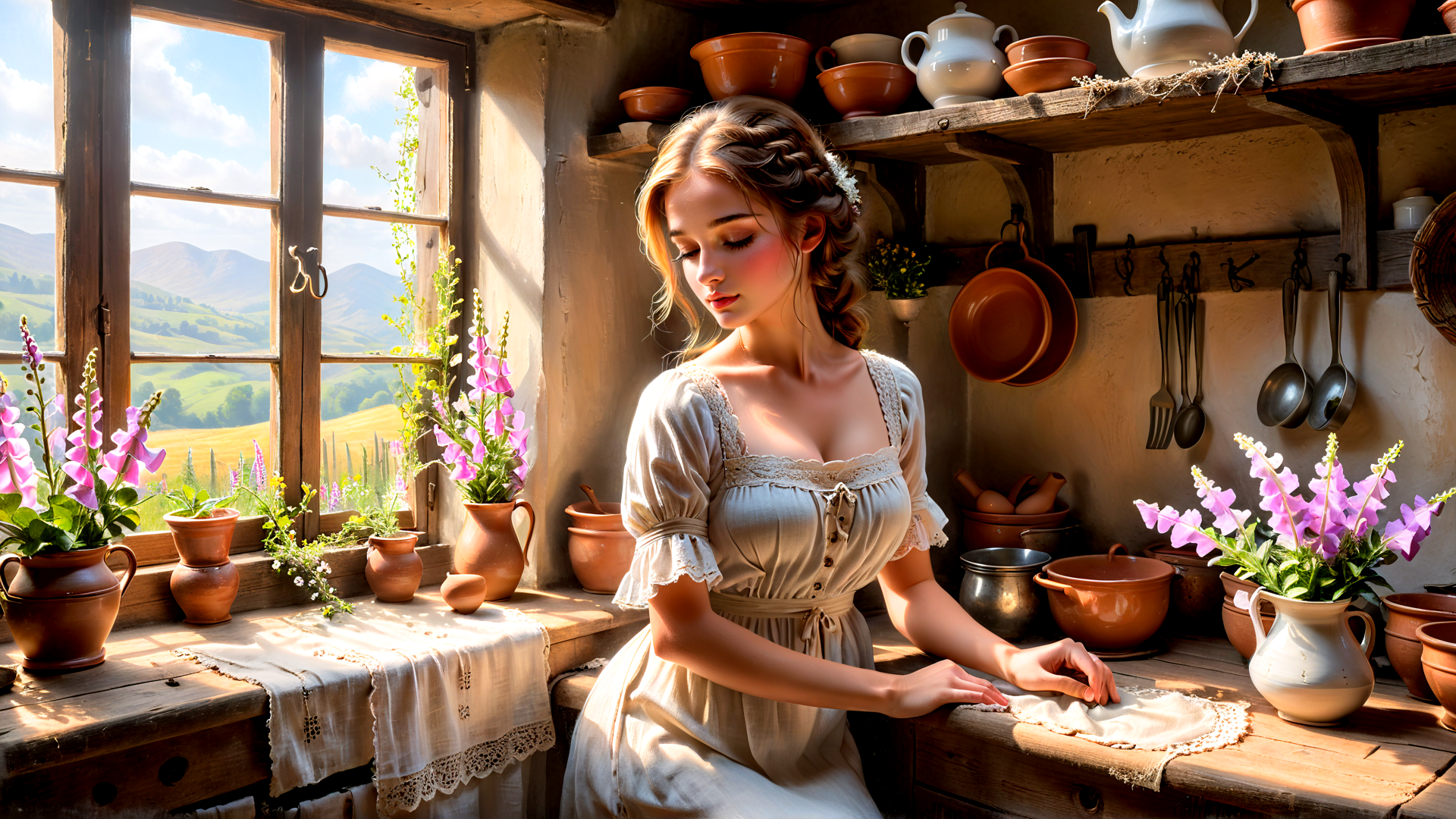 AI generated wallpaper featuring woman, kitchen, vases, flowers, pottery, window, mugs, teapot, dress, table