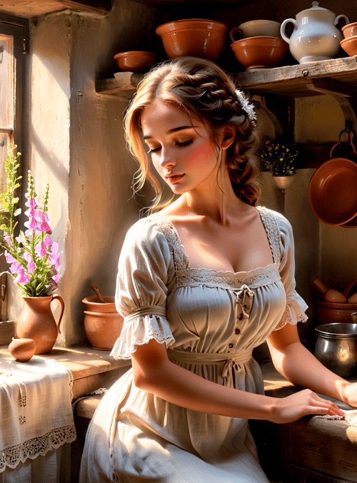 woman, kitchen, vases, flowers, pottery, window, mugs, teapot, dress, table
