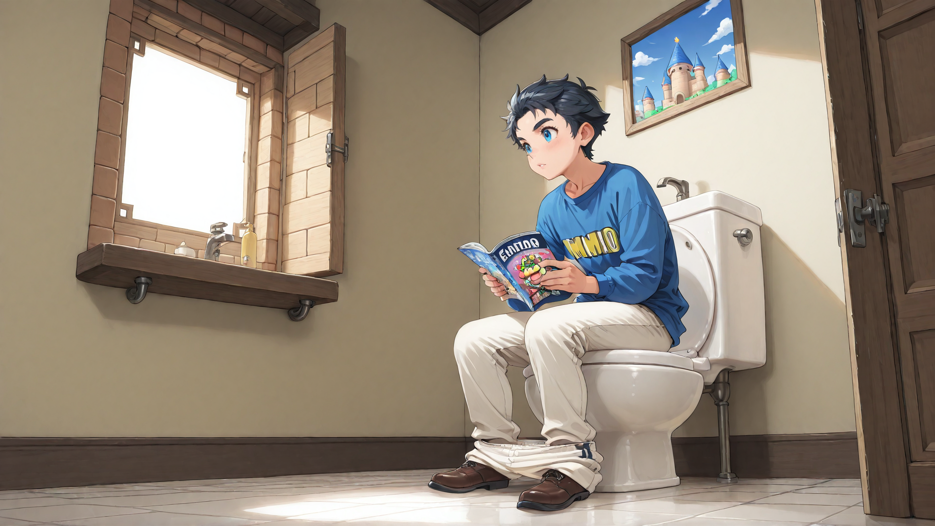 AI generated wallpaper featuring boy, toilet, book, window, wallpaper, castle, shower, door, shelves, bathroom
