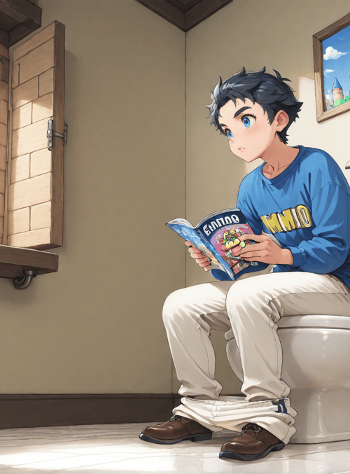 boy, toilet, book, window, wallpaper, castle, shower, door, shelves, bathroom