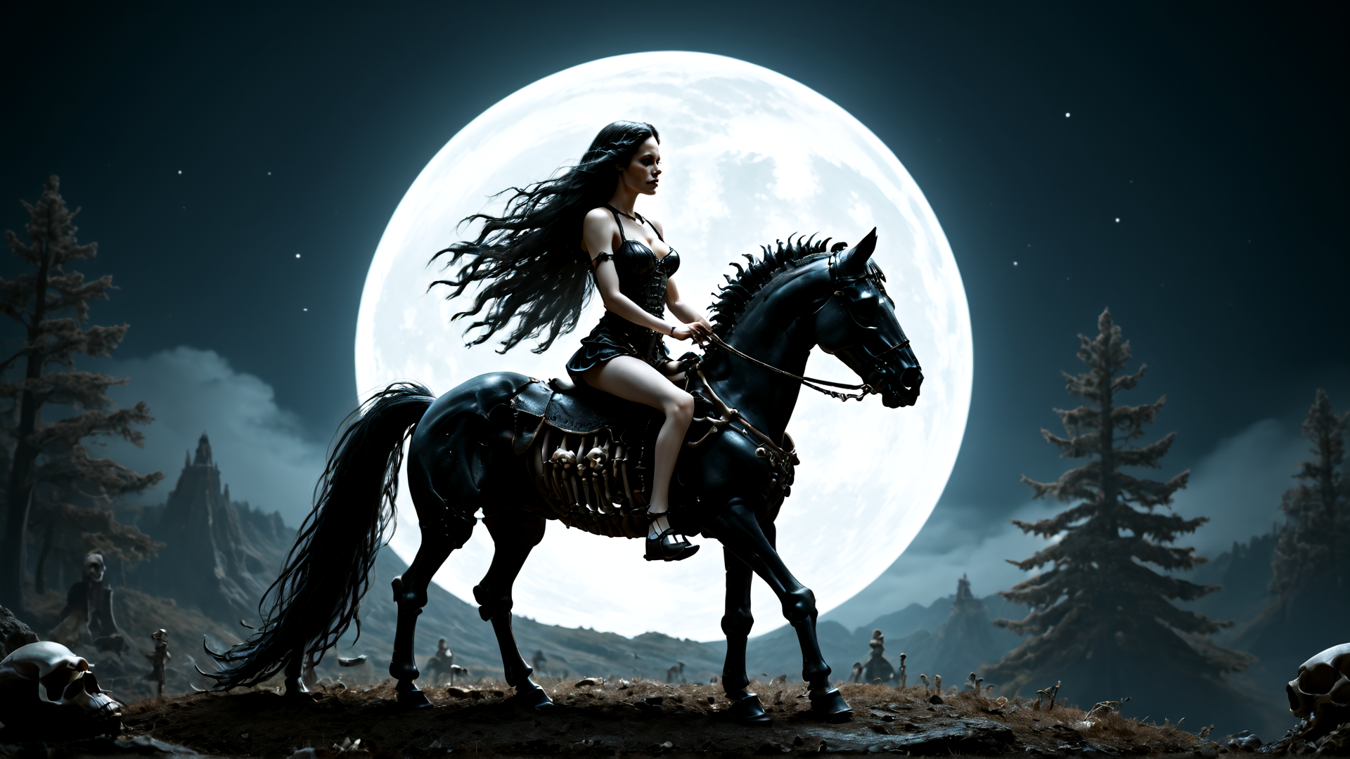 AI generated wallpaper featuring woman, horse, moon, skull, trees