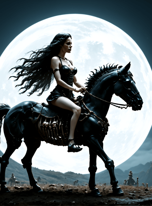 woman, horse, moon, skull, trees
