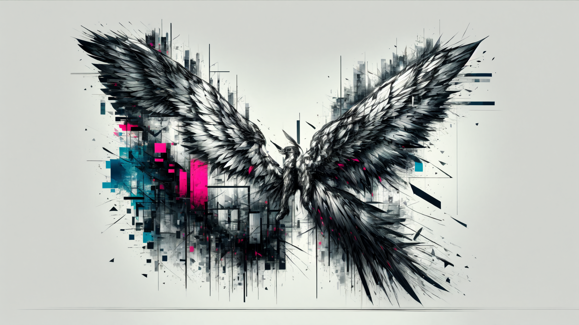 AI generated wallpaper featuring angel, wings, cityscape, abstract, silhouette